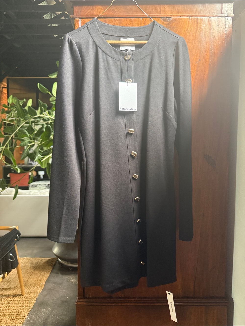 Reformation Black Long-Sleeve Button-Front Dress with Gold Buttons
